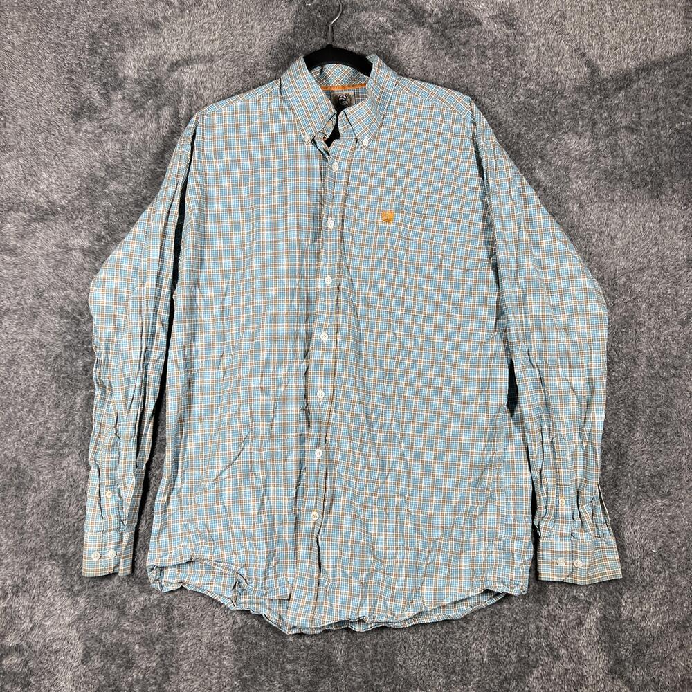Cinch Shirt Mens Medium Blue Plaid Long Sleeve Button Up Lightweight Cotton